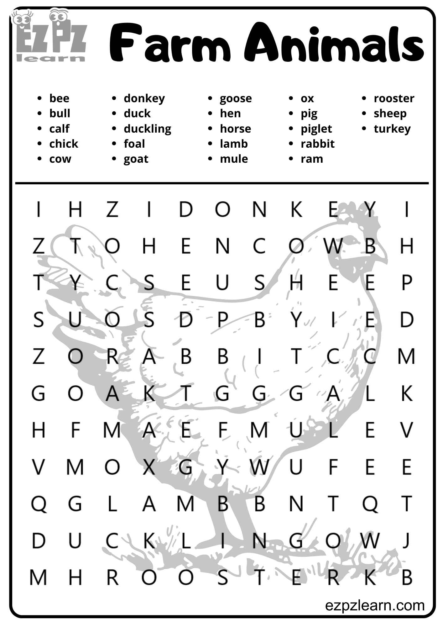 Farm Animals Vocabulary Word Search 23 Words For Kids and English